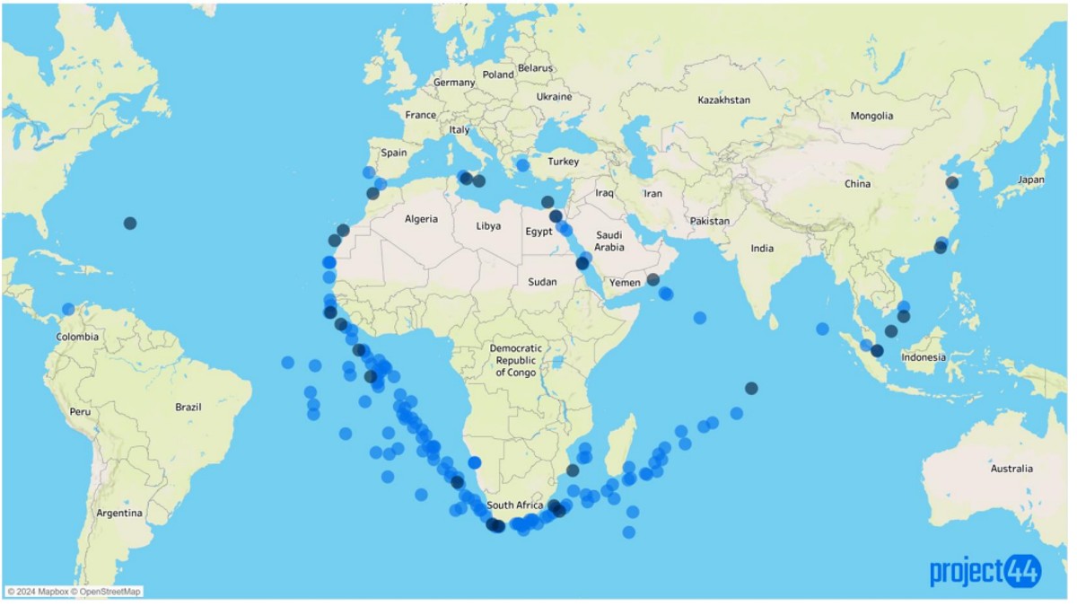 Mapa de buques afectados por cierre del mar Rojo, de Project44